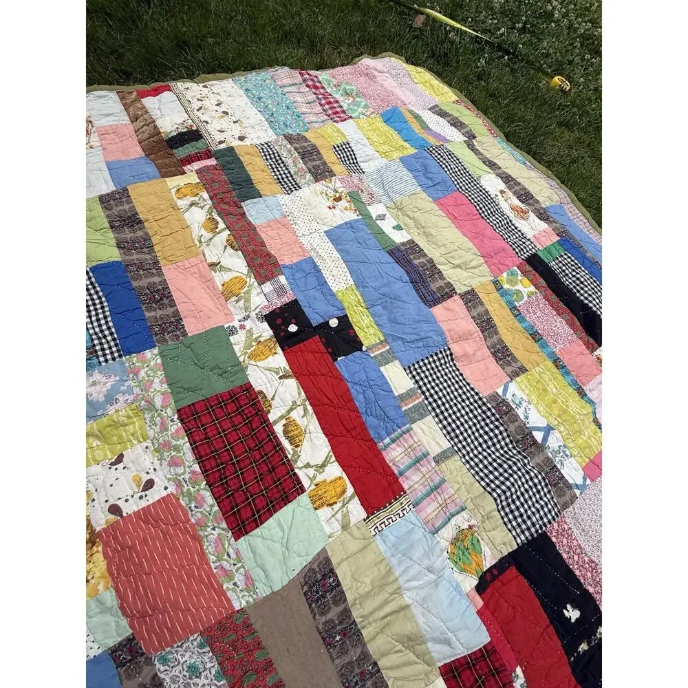 Antique Vintage 1930’s CRAZY QUILT Multi-Color Feed Sack Olive Green Back